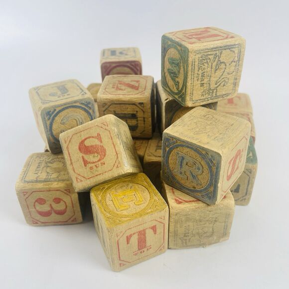 Antique Wooden Alphabet Toy Blocks Numbers Letters Animals Early 1900s Lot of 23 - Picture 8 of 8